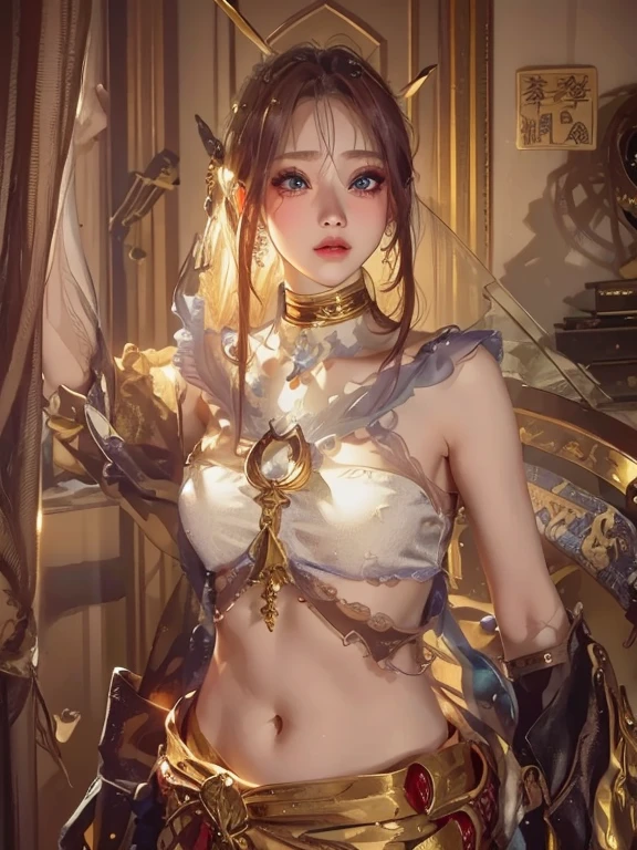 (shoot from front:1.2)Highest quality,4K,8K,High resolution,masterpiece,Has a shiny gem,goddess,Shrine maiden,short hair,Big eyes,Light brown hair,Mysterious atmosphere,smile,Small face,Gorgeous curly hair,Slim figure,Exposed shoulders