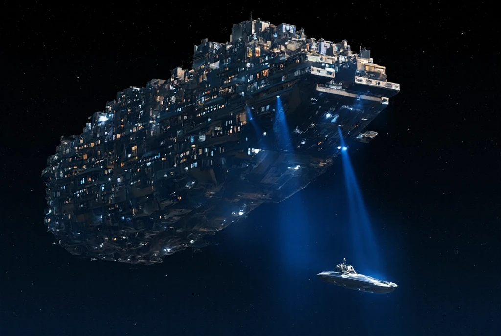 Photorealistic, 8K quality, a work of art. The theme is "Interstellar Immigration". A huge immigrant spaceship sailing through space. It is so huge that it looks like several large buildings stacked on top of each other, turned on their side. Small lights leak out from countless windows. Several blue laser beams emerge from the side of the huge spaceship, capturing a small pencil-shaped silver space boat. The background is the dark darkness of space.