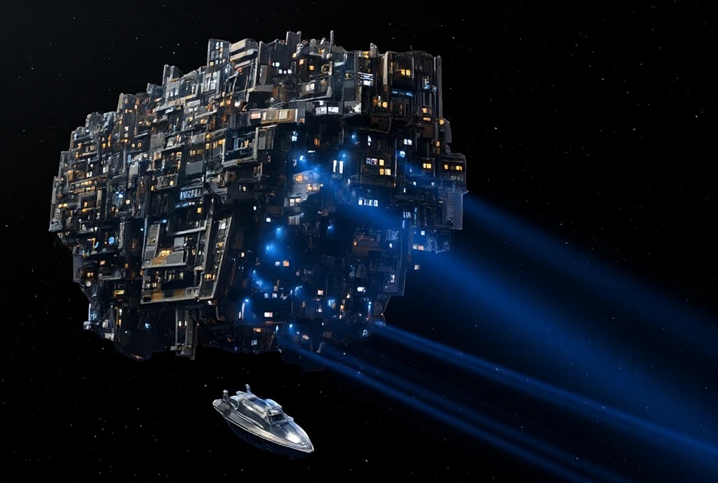 Photorealistic, 8K quality, a work of art. The theme is "Interstellar Immigration". A huge immigrant spaceship sailing through space. It is so huge that it looks like several large buildings stacked on top of each other, turned on their side. Small lights leak out from countless windows. Several blue laser beams emerge from the side of the huge spaceship, capturing a small pencil-shaped silver space boat. The background is the dark darkness of space.