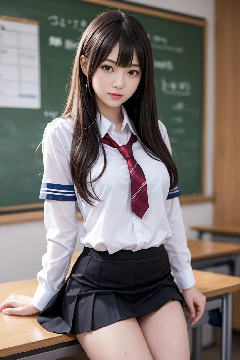 highest quality、shape、 Very detailed、finely、 High resolution、8k wallpaper、完璧なダイナミックな構shape、Beautiful 17 year old girl、A neat and mature high school girl、Beautiful face in every detail、Beautiful eyes in every detail、Rough skin、A faint smile、Small breasts、Bold sexy pose、((Schoolgirl uniform、Medium Hair:1.4))、((Looking at the audience、smile))、(((Loose tie、open chest shirt:1.3)))、((Sitting cross-legged、I can see your thighs:1.2))