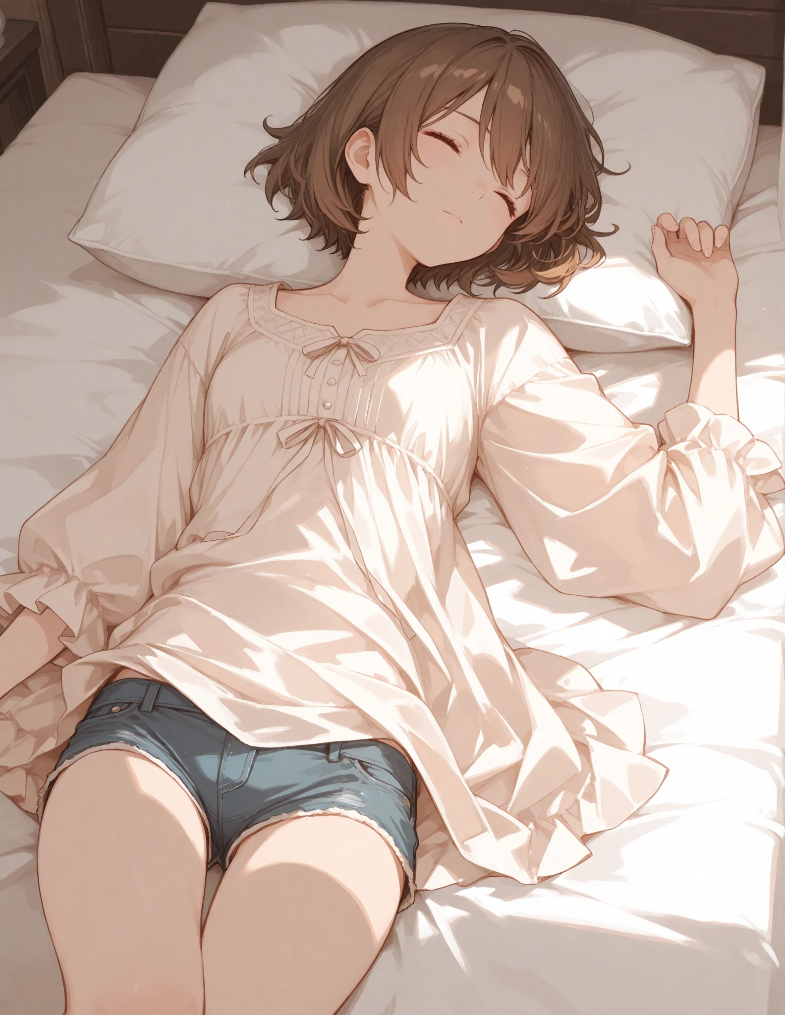 Brown-haired girl　shoulder-length hair　Wearing a white hoodie and a white skirt　Dark orange eyes　White skin　tall　With bangs　Beautiful face　Thin legs　The cleavage is visible　sitting on the bed　Thin legs　Very shy　Anime Style