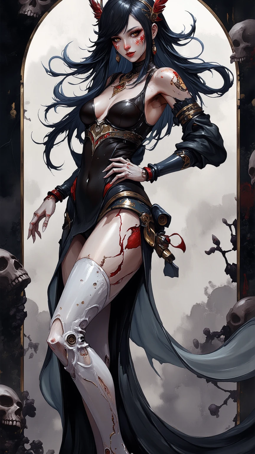 ((Best Quality)), ((Masterpiece)), (Detail: 1.4), 3D, A Beautiful Female Figure, Bloodstained, Motled, Scarlet Eyes, White Hair, Fangs, Dragon Horn, HDR (High Dynamic Range), Ray Tracing, NVIDIA RTX, Super-Resolution, Unreal 5, Subsurface Scattering, PBR Textures, Post-Processing, Anisotropic Filtering, Depth of Field, Maximum Sharpness and Clarity, Multi-layered Textures, Albedo and specular mapping, surface shading, accurate simulation of light-material interactions, perfect ratio, Octane Render, two-color light, large aperture, low ISO, white balance, rule of thirds, 8K RAW, ratio 3:4