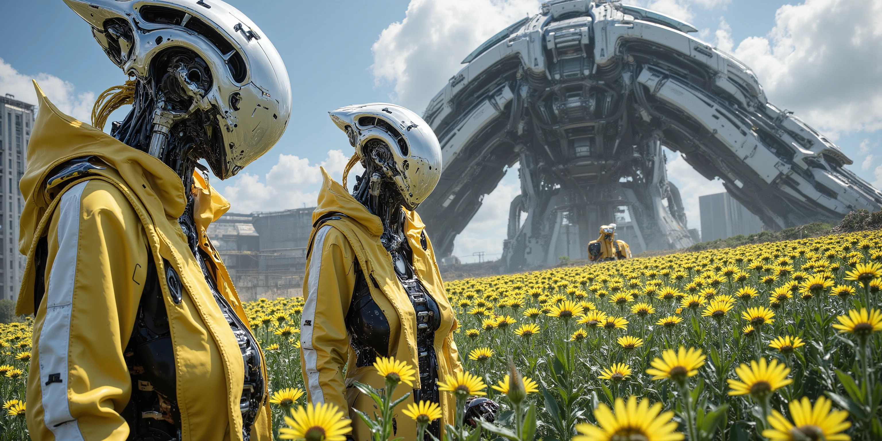 several cute androids (swh, age 20, bot joints, backlit eyes, bee themed sexy space suits), they are tending fields of flowers along with small robot bees. In the distance large construction mecha build a domed city for human colonists