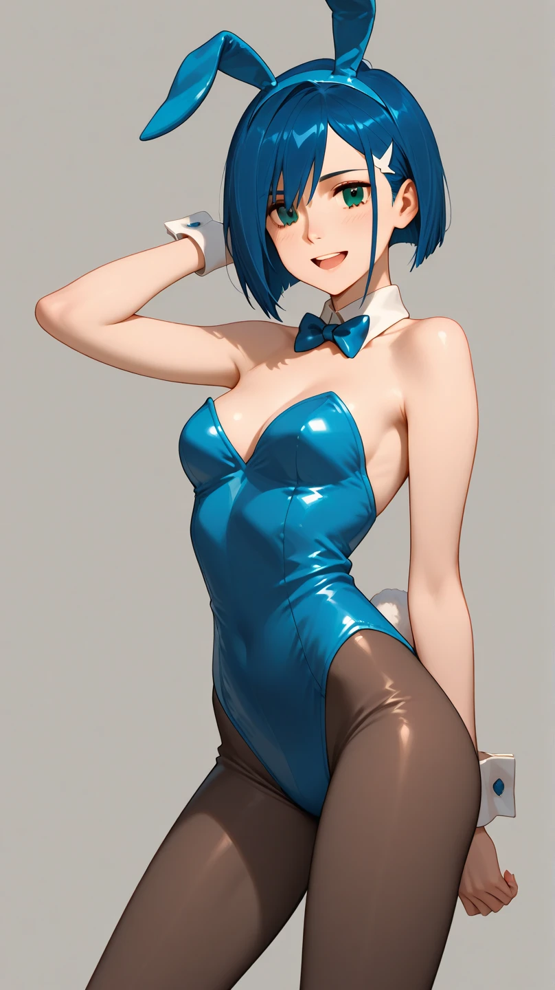 girl, hot, portrait, medium breasts, slim, blue hair, high pigtail, pale skin, hot, soft or colored lips, blue strapless, blue short skirt, simple bottom, plain colors, blue bottom, blue boots, perfect hands, perfect anatomy