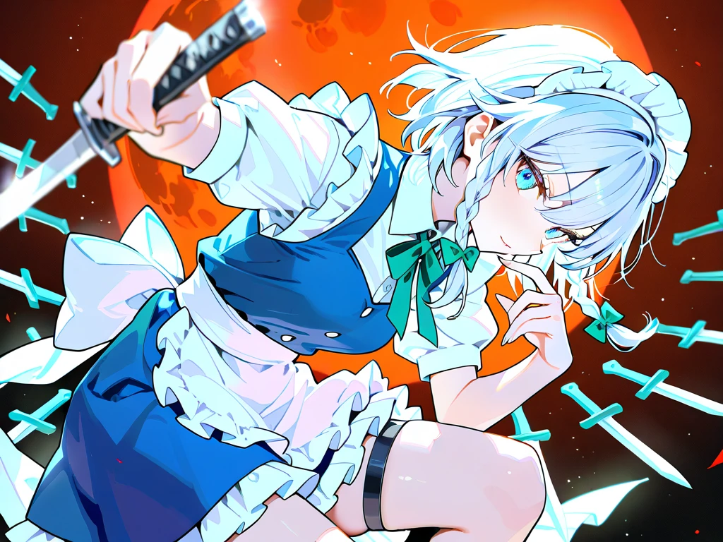 Sakuya(Touhou Project)、maid clothes、short skirt、white brim、knife