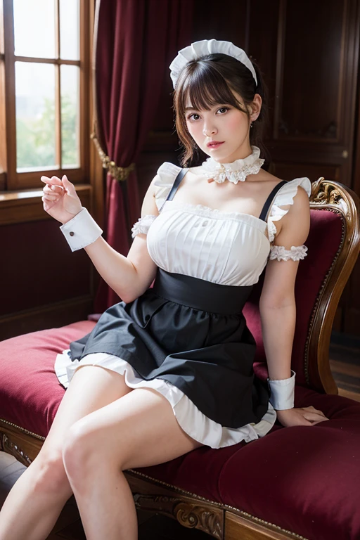 1girl, cute, innocent, sweet, shy, maid, maid outfit with frills, short brown hair, grey eyes, absurdres, high res, ultrasharp, 8K, masterpiece, looking at viewer, standing, collar, collarbone, cleavage, large breasts, kneeling, looking up at viewer, wood floor