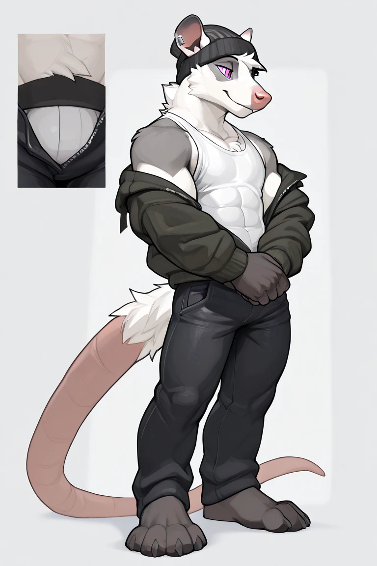 Solo, male, albino kangaroo, in one color tone, with long ears, naked, big balls, big flaccid penis, navel showing, chest, big chest view, ((focus body, furry focus, shades focus, body shades)) (((gray background, gray wallpaper, one color))), by darkgem, by mystikfox61, by glitter trap boy, albino, all white fur, red eyes, pink nose, navel, bulge, full body view, kangaroo tail, little chubby
