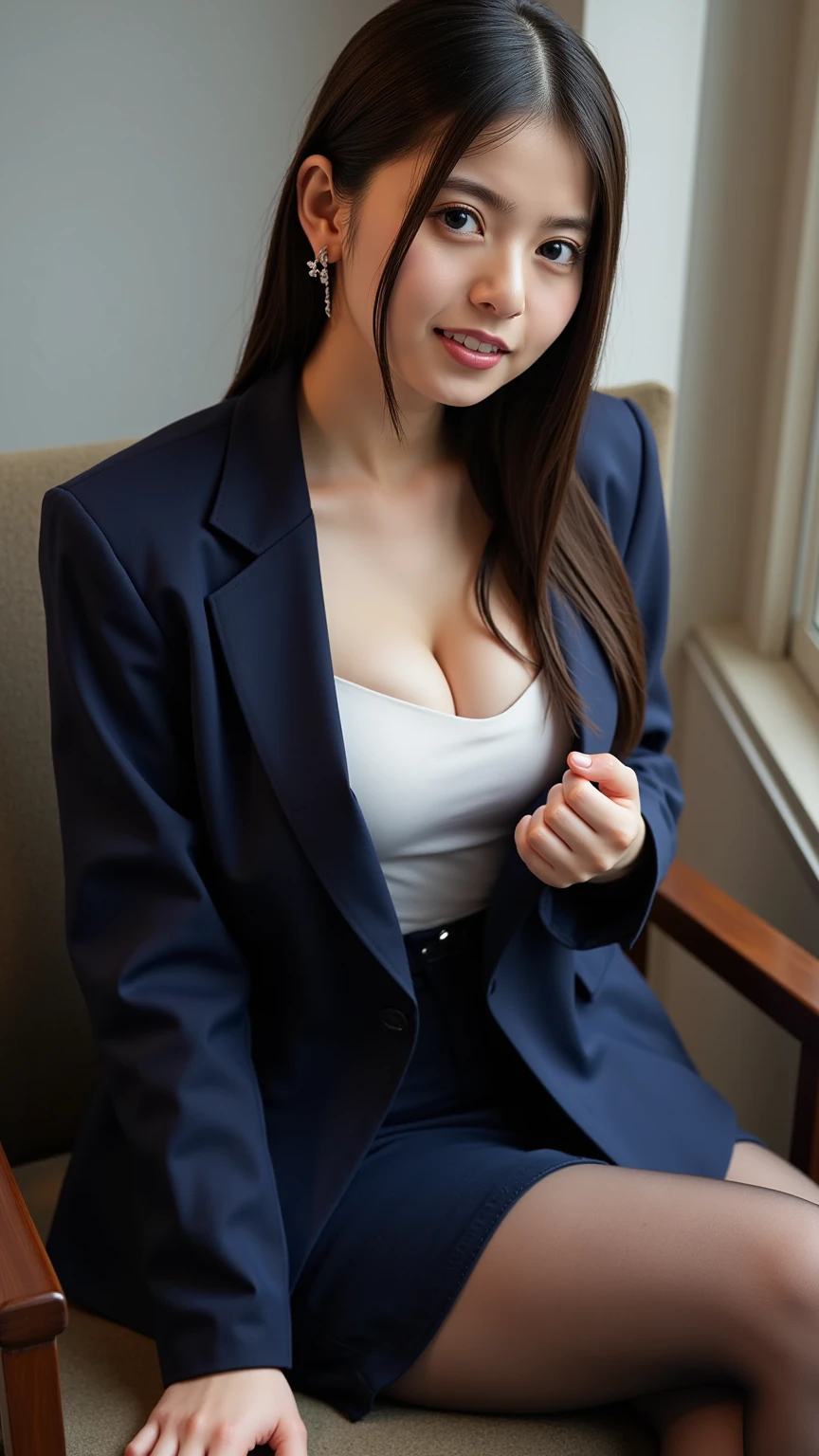 (8k, Best Quality, Masterpiece:1.2), (Realistic, Photorealistic:1.37), Ultra Detailed, (1girl, pretty Japanese, teacher), (suit jacket, tight mini-skirt:1.3), Smile, (huge breasts, cleavage, perfect body), (naked:1.4), (indoors, school, crowd:1.4), bangs, no bra, good thigh,