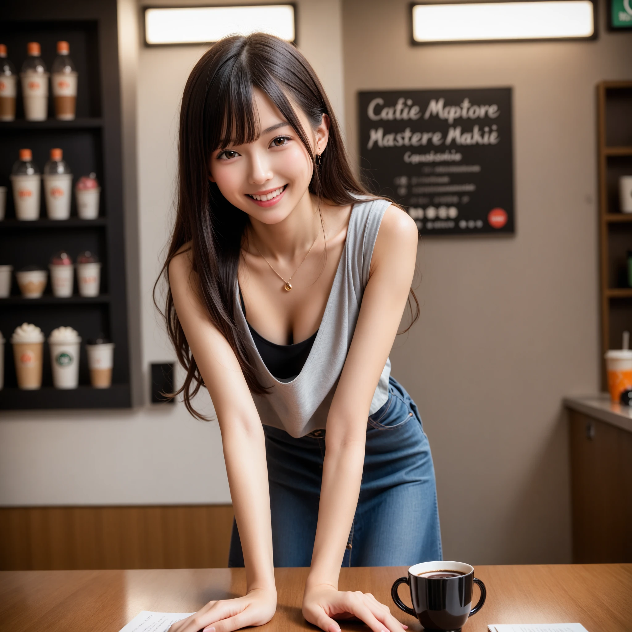 masuter piece、、A photorealistic masterpiece in high resolution、professional photograpy、、Engaging pose、awesome full color、Ultra-detailed vividness、Colorful and perfect iconography、close up of 1 woman、Standing in the center of a tea shop、Dark room、a dark night、The specifics of the backlight from the window、Subdued Color、35mm masterpiece、A smile、large full breasts、Simple white blouse、skirt by the、cowboy shot、(((lift skirt myself))、((show me panties)))、Lifting clothes、(frilled panties)、 Panchira、white panties, from side、(Look at viewers)