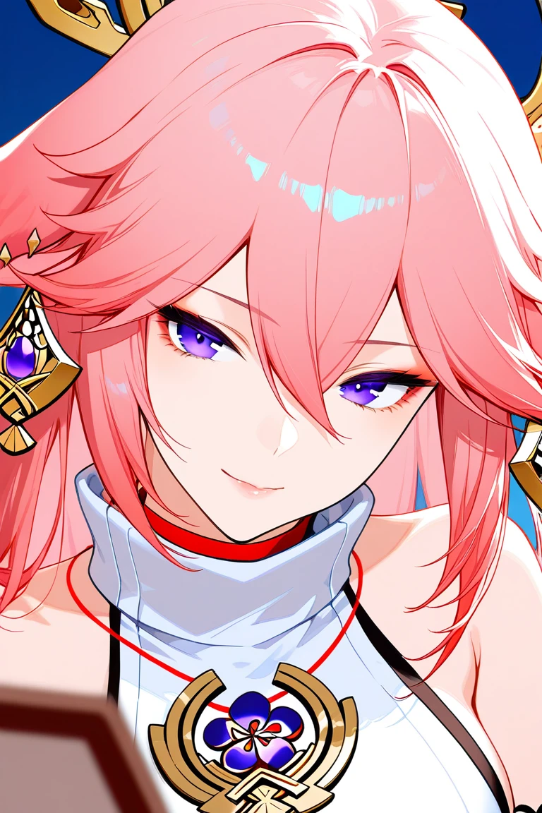 amazing quality,<lora:genshin_all:1>,yae miko,1girl,solo,looking at viewer,smile,white background,upper body,simple background,bare shoulders,detached sleeves,japanese clothes,earrings,closed mouth,