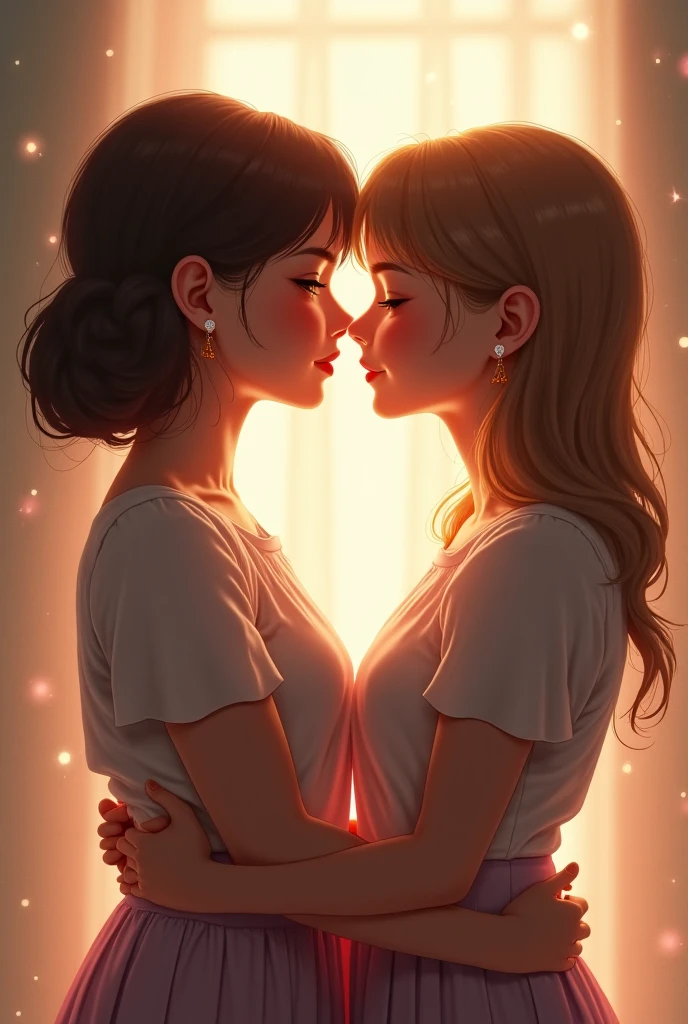 NOW CREATE A DRAWING OF 2 girls, one of them is tall with brown hair and it reaches her back and they have wavy hair and white skin and the other is a little shorter than the other, reaching her chin, she has skin that is a little less white with SHORT HAIR up to her ears and,    that the two are hand in hand and very much in love , Remember that both are women THEY ARE MARRIED 