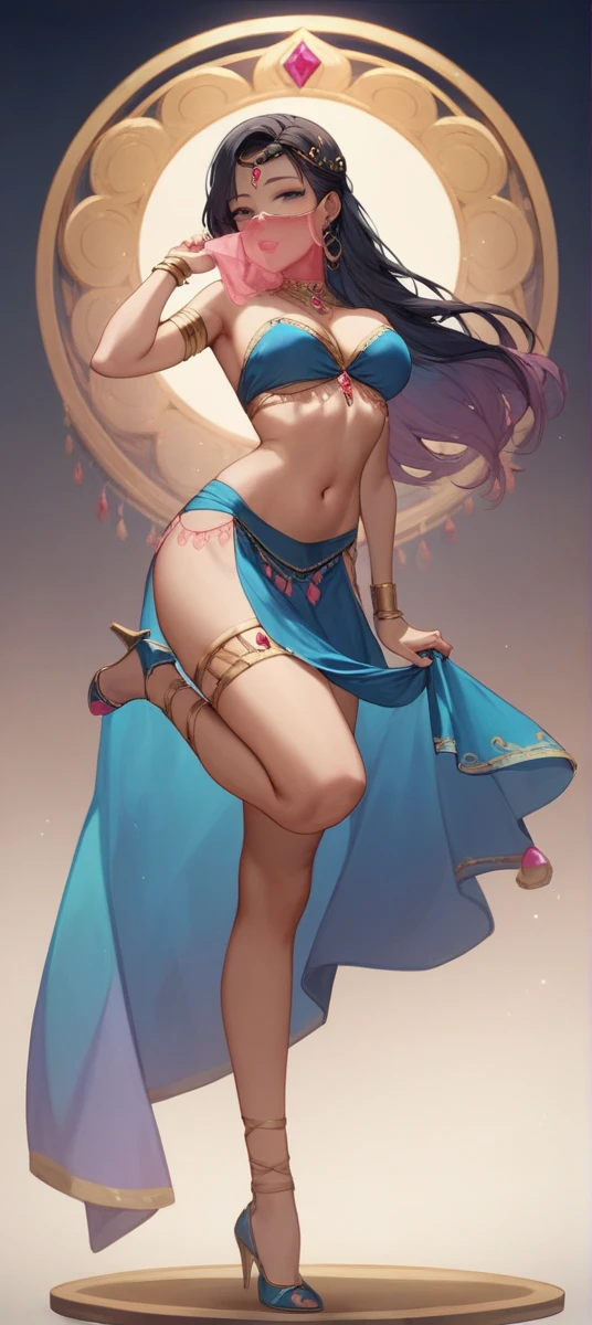 Araffe com longos cabelos roxos e roupa azul e roxa,  genial bonita, Samira de League of Legends, aesthetic!!!!!! female genie, Artgerm extremamente detalhado, Commission for High Res, Estilo Artgerm, KDA, gesto de pose pudica sexy, genie, Yuri Misaki, epic 3 d oshun, Estilo Artgerm
