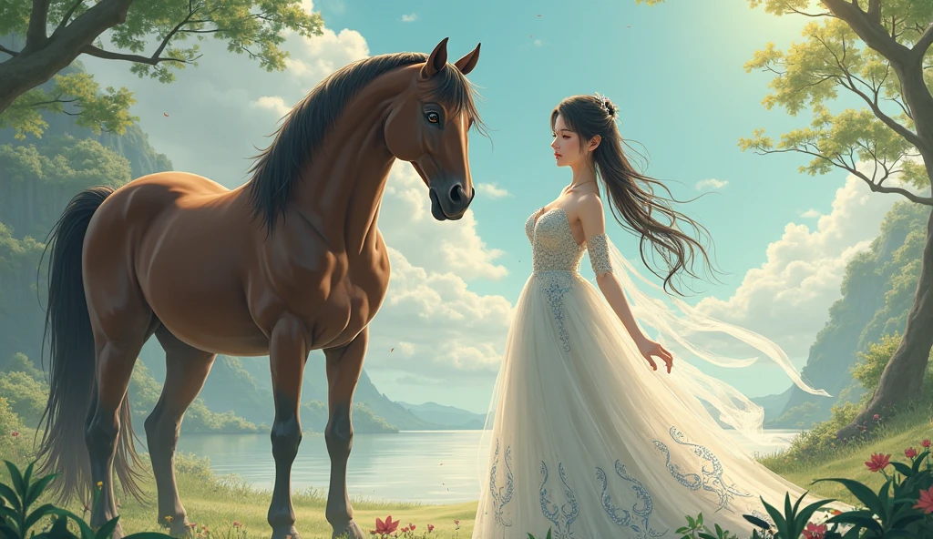 ((best quality)), ((masterpiece)), (detailed), perfect face A 16 year old girl of Indonesian Chinese descent with long, wavy black hair, a sexy body and firm, pointed breasts wearing a long, white, sleeveless, strapless dress, riding a horse in a field of edelweiss flowers While archery
