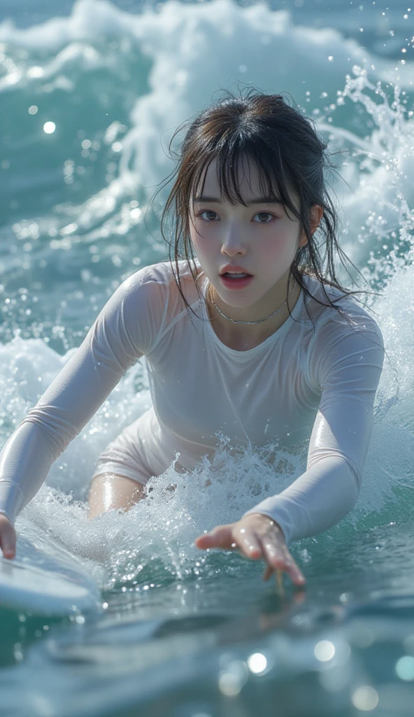 masterpiece, Highest quality, Absurd, One girl, Fighting Pose, (Attacking with water:1.5) Wet clothes, Wet hair, Wet Face, Water behind a person, Multicolored Hair, (Wind:1.4)