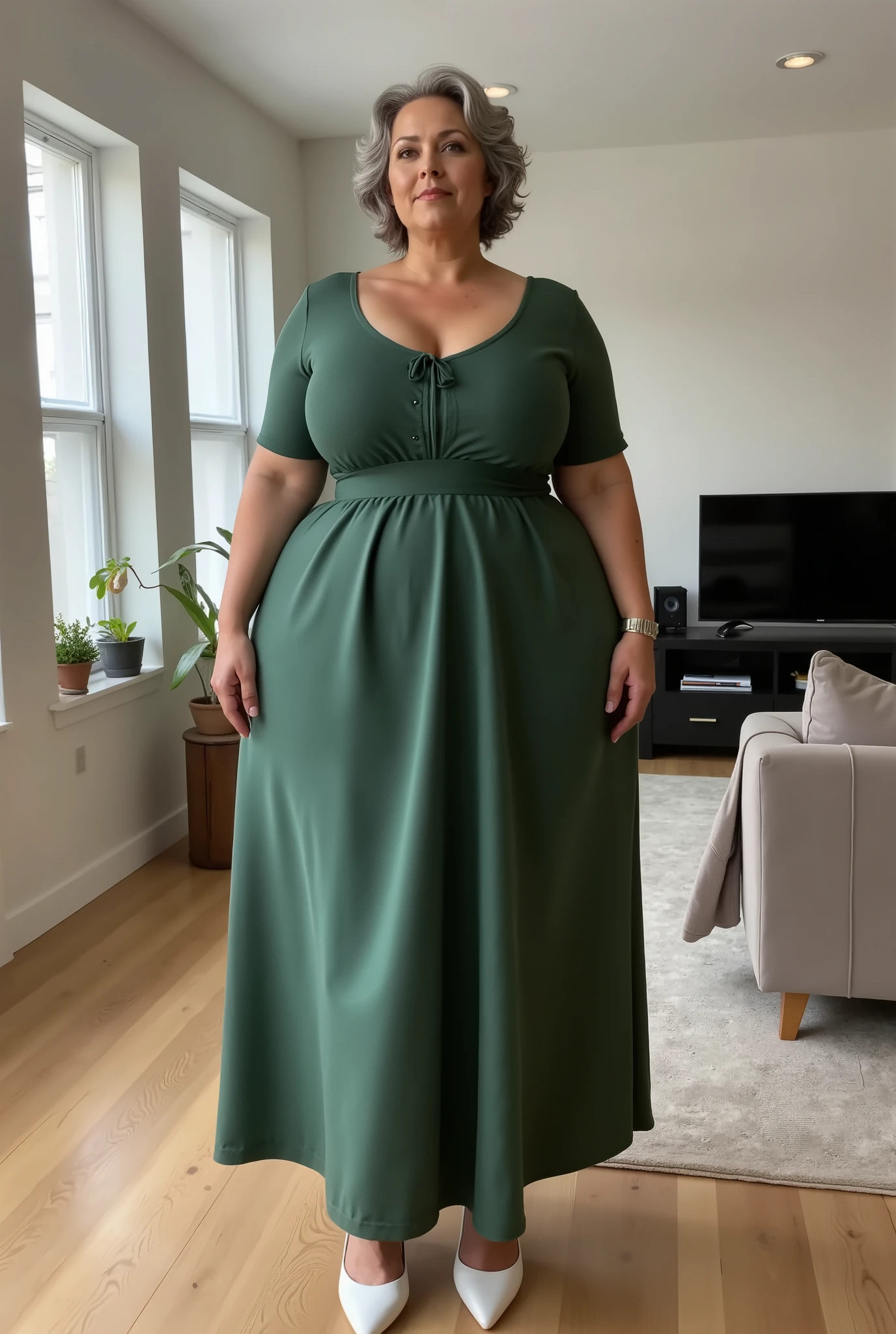 A sensual woman, mature woman between 50 and 60 years old, She has gray hair and an elegant retro hairstyle from the 40's, slight wrinkles due to age, a slight sagging belly, She has a voluptuous body, lewd, Lustful, perfect curves and sexy, She is a woman with a curvaceous build, hourglass-shaped body, wide hips, slim waist, thick legs, thick thighs, huge butt. She wears a Safari Vibes Long Dress - Green, wears shiny white heels. Captured in a hyperrealistic cinematic style, realistic details, captured in a general shot, school uniform full body image, excellent quality. He is standing in the living room of his house, in a modern style.