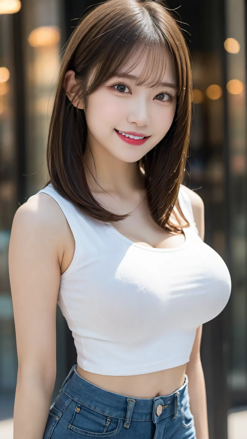 (top-quality、超A high resolution、masterpiece:1.3)、A tall and pretty woman、longeyelashes, Long hair with bangs, longeyelashes, Parted lips, surrealism, drop shadow, anaglyph, Verism, depth of fields, Backlighting, Expose F/1.2, Super Detail, ccurate, Best Quality, nffsw, masutepiece, A detailed eye, Textured skin, wetted skin, Best Quality, in 8K, blurry backround, ((big breasts thin waist)), skinny thigh, (Colossal tits:1.1), Natural Color Lip, Smile, long legged, Young woman in perfect style, sport uniform, Land Track