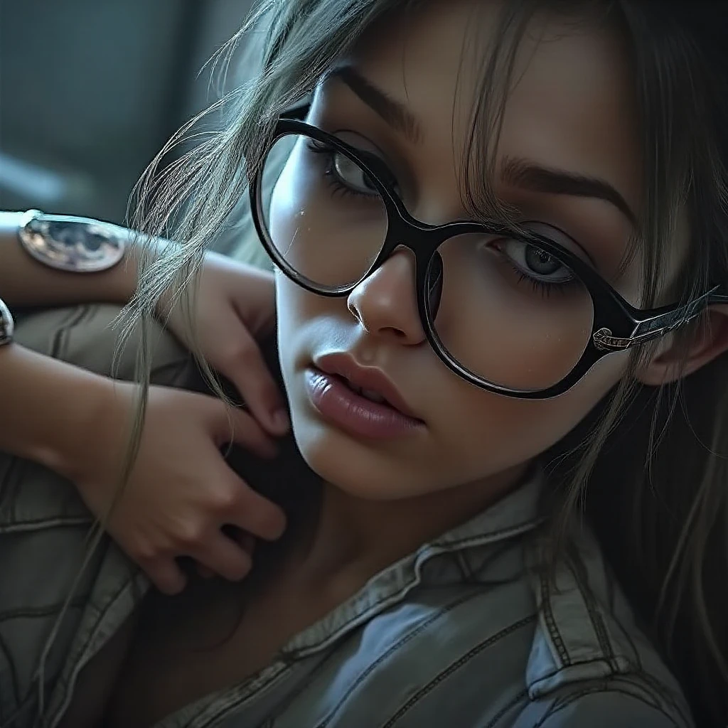 young woman, 19 years and 1,63 tall with very long light brown hair, greeneyes,wearing a short, transparent babydoll without underwear, with round, gold rimmed glasses, medium breasts and Big Ass, a little chubby doing a very sensual pose showing her whole body and with a slightly round face