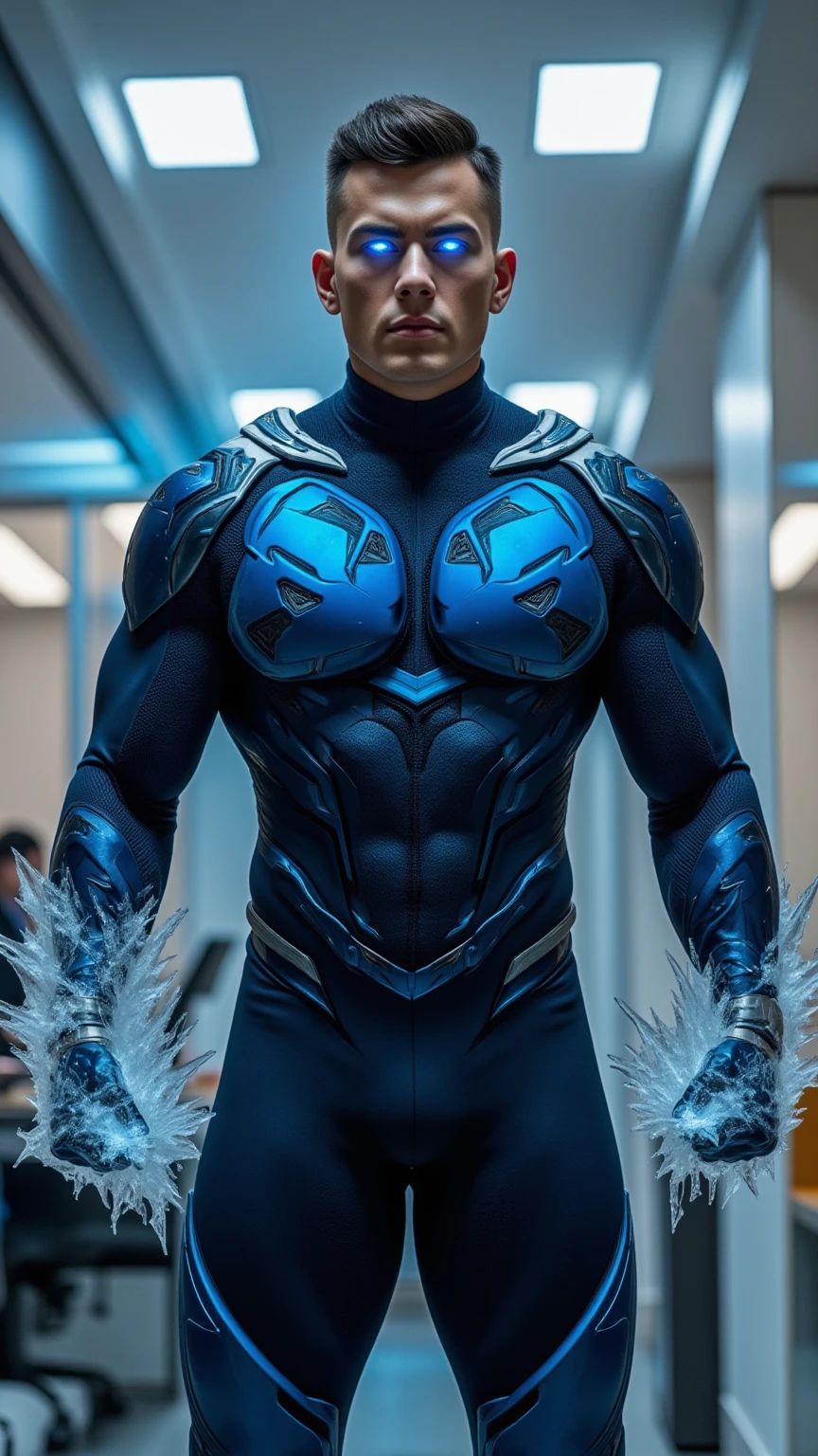 ultra-detalhado,Realistic,Physically-based rendering,(retrato,artistas conceituais), A MALE Asian superhero themed MAGNESIUM, usa roupas PRATA claras e emitindo poder PRATA de seus olhos, Hands, and feet. woman standing with powers