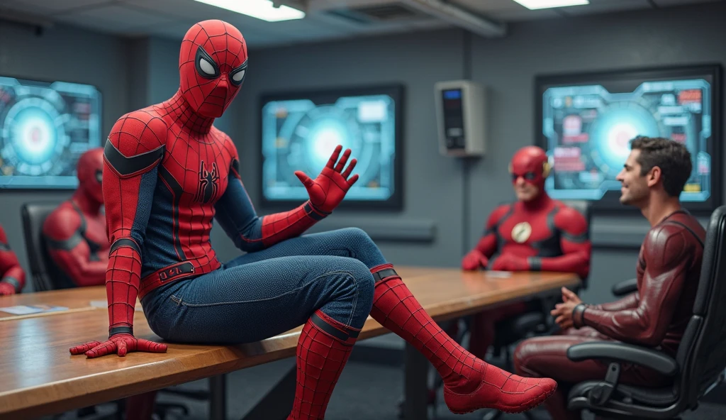 Spider-Man, in his classic red-and-blue suit with detailed textures, sits casually on the edge of a sturdy wooden table in a high-tech superhero meeting room. One leg dangles off the table while the other is bent at the knee. His mask is on, but his body language and slight head tilt show amusement and confidence. His hands gesture in a relaxed, playful manner as if making a witty remark. The background features Deadpool, Flash, and Zeus sitting around the table, reacting with a mix of curiosity, laughter, and skepticism. The setting is realistic, with detailed lighting, shadows, and high-tech holographic screens adding depth to the superhero base