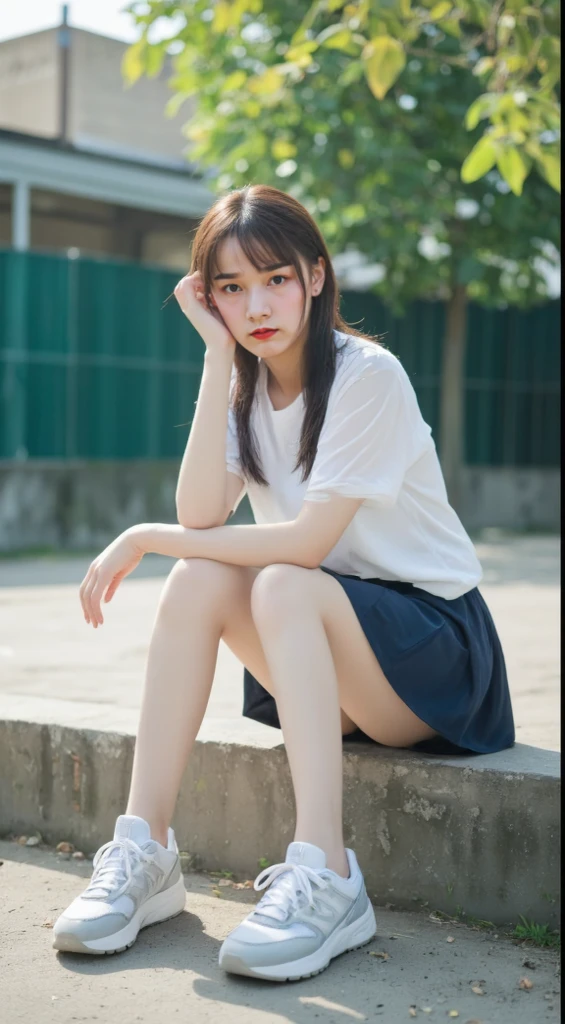 ((Best picture quality, 8K, tmasterpiece:1.3)), 1girll,（mini-skirts：1.3）,（wet see through clothes：1.4），（athletic sneakers：1.3），Sit Pose