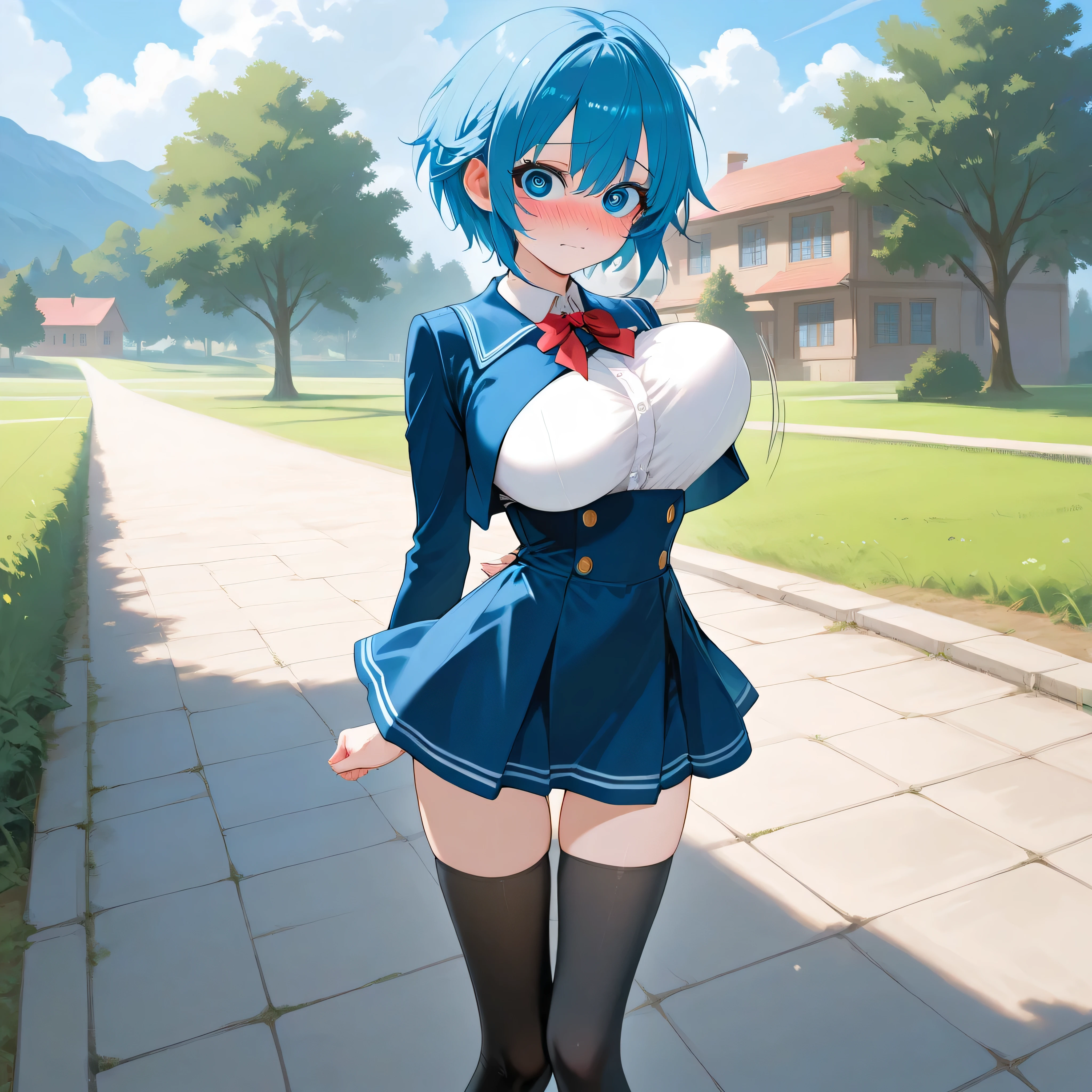 (8K、Highest quality、highest quality、masterpiece)、Detailed face、One girl、Rem from Re:Zero、Light blue hair 、short hair、twintails、blunt bangs、Grey Eyes、、、((Blazer jacket uniform))、((Pleated skirt))、((No panties))、((bent over))、Back Alley Background、Very large breasts、Nipples are visible、、Black Pantyhose、Milk dripping from nippleilk spurting from the nipple、、Open your mouth、Troubled face、Love juice from the genitals、Full body portrait、Walking around the city、One man、Hearts in the eyes、Sex with a man、Black Loafers