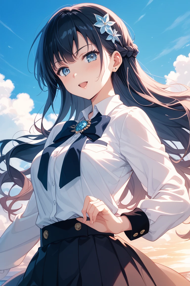 (Tabletop ,Highest quality,Very detailed), 1. Cute and innocent girl,An innocent smile,Seraphim,Blue Collar,Navy Pleated Skirt,From below,blue sky,White cloud,Summer sunshine,Fine and beautiful eyes,Sparkling eyes,Glossy Lips, Perfect Anatomy , Five perfect fingers,Charm,wonderful, The Ultra-Fine Age,Big Breasts、Long black hair