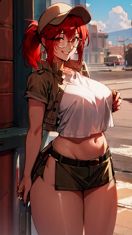 High detailed, 4k quality, stunning 23 years old female, random hair color, random hairstyle, necklace and piercing, wearing Erotic Cargo Pants and T-Shirt: Cargo pants with a fitted t-shirt and hiking boots or sturdy sneakers, perfect breast, long cleavage, curvy body, playful expression, street background