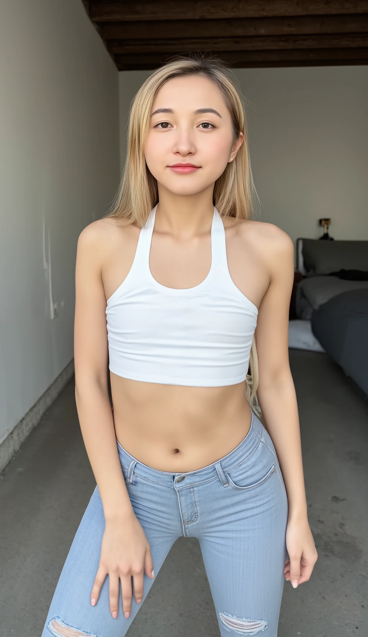 A 1.60m Ukrainian flat-chested long-haired blonde woman, wearing a White halter-neck crop top with and Light blue ripped skinny jeans, in the garage. She gazes at the camera. No nudity.