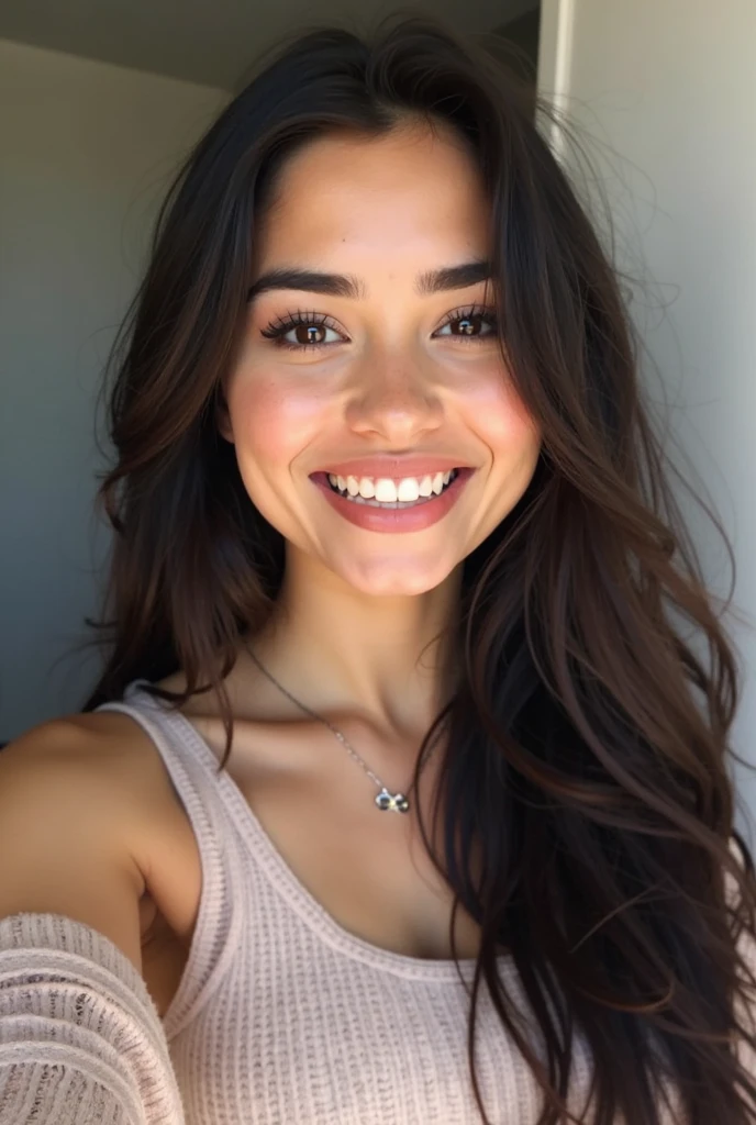 Nina Dobrev with wavy hair in the mountains with a sunset completely naked with a smile