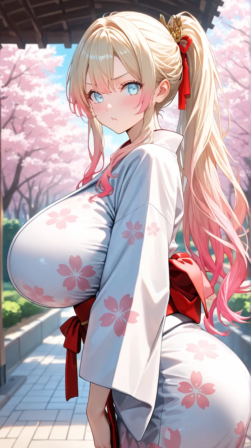 龙珠人造人18号, masterpiece, best quality, ultra-detailed, illustration,(1girl),beautiful detailed eyes, looking at viewer, close up, (breast focus), (arms behind back:1.2), (from above:1.1), pink hair, huge breasts, (breasts out:1.3), (off shoulder:1.1), underwear,