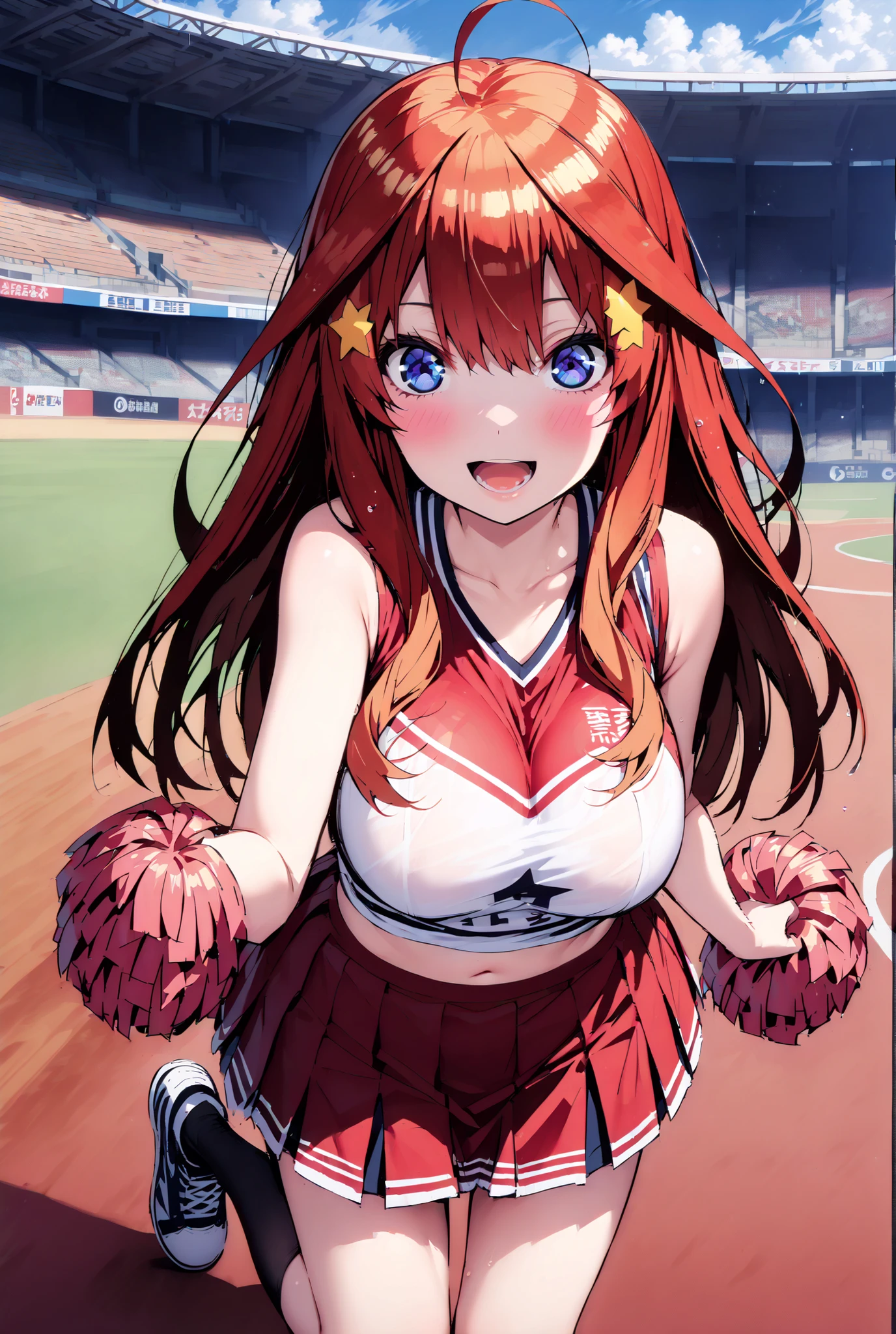 Very cute and beautiful cheerleader girl,(Very exquisite beautiful face and eyes:1.2),(Holding a pom-pom:1.2),(Laugh together),((Big Breasts))、((Sweating all over the body))
(Stadium Stand),Cowboy Shot,Dynamic pose,zettai ryouiki,(Orange sleeveless shirt),Beautiful legs,Skirt flip,White panties,Dynamic Angle,Redhead、Yellow headband、
(Highest quality,masterpiece:1.2),Intricate details,Very detailed,High resolution,1 Girl,Looking at the audience,
Natural light,Hair blowing in the wind,Beautifully detailed skies,