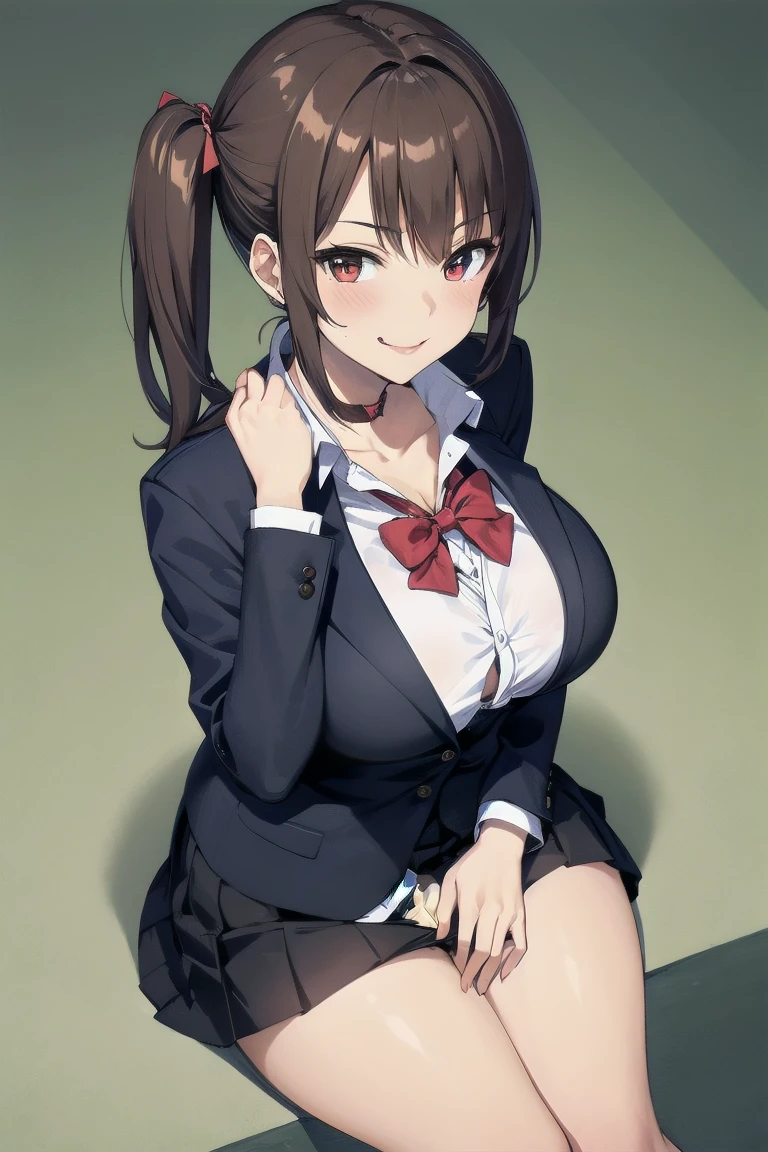 ((masterpiece)), ((Highest quality)), ((Very detailed)), One girl, Black Hair, Long Hair, classroom, Feet Focus, Sit on a chair, Big Breasts, plump, blazer, skirt, pantyhose, panties under pantyhose, Wicked Smile, Looking at the audience, From below, ((Feet close-up)), Steaming body, Sweat, ((Steamed feet)), V-shaped eyebrows, Lift your legs,