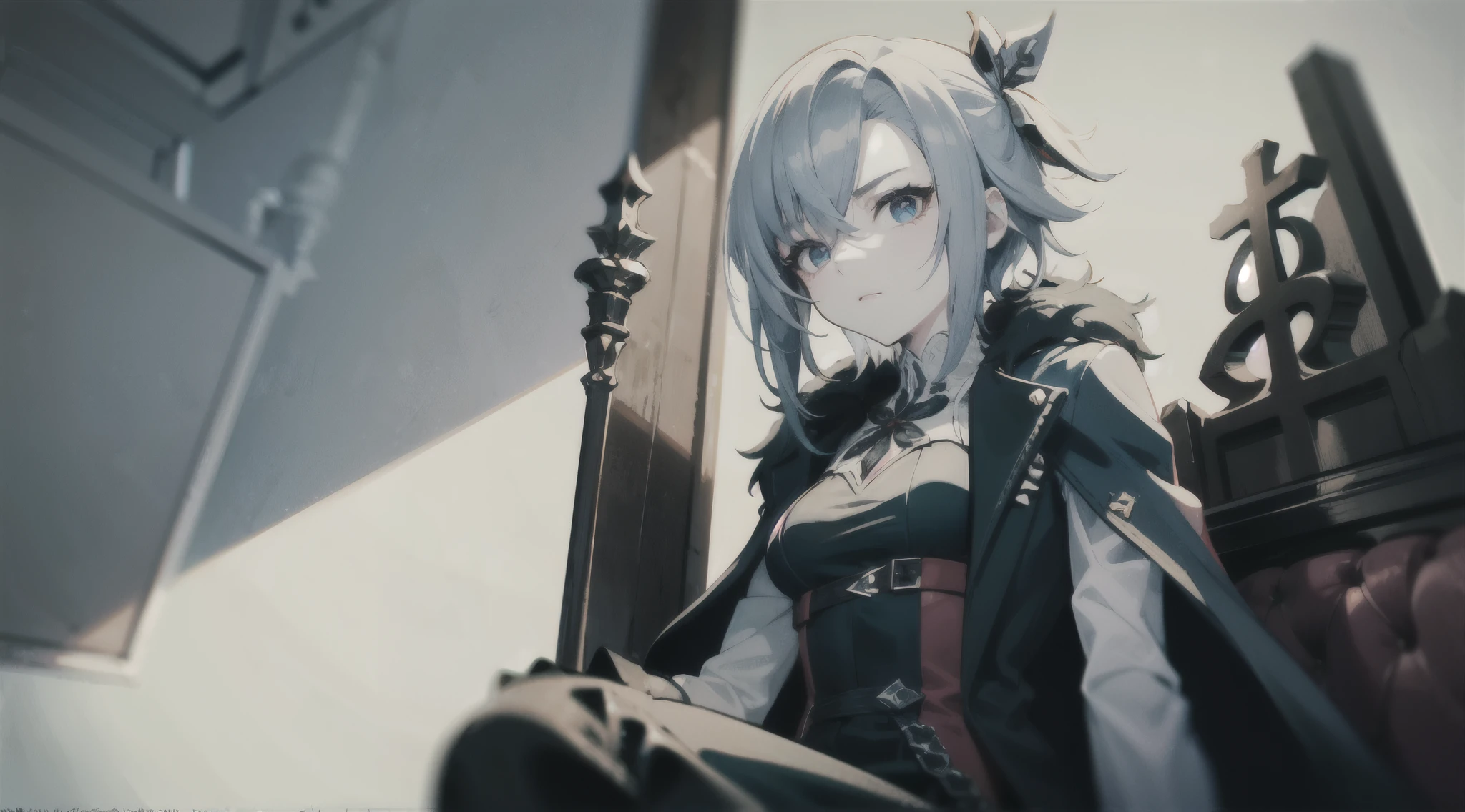 1girl, (solo), ((masterpiece)), (shadow), [slim], (small breasts), (detailed), cinematic lighting, (textured skin), ((sharp focus)), ((very clear)), winter coat, leggings, shoes, palace, (throne:1.2), white hair, black hair, blue eyes, (cross-shaped pupils), adult, fur coat, from below, (sitting), drop shadow, focused, shading, tracing, smooth, pale skin, sharp, (pixiv), ((detailed surroundings)), arlecchino(genshin impact)