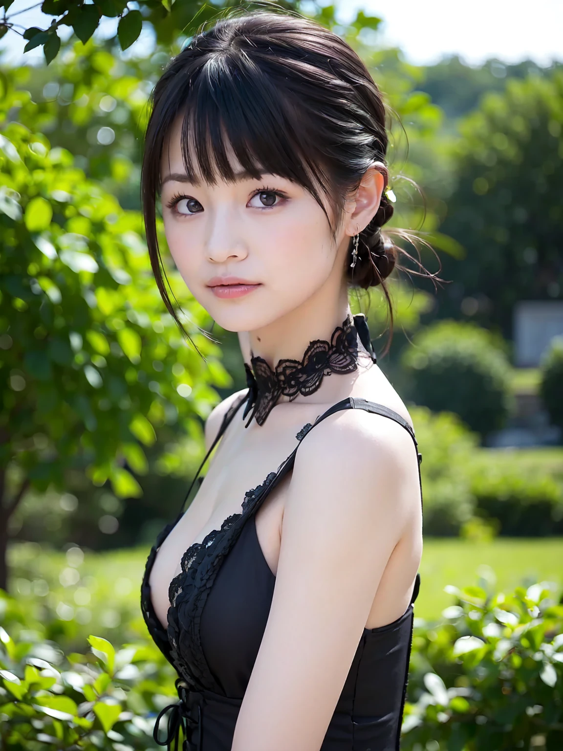 (best quality:1.4), 8K, ultra high definition, (ultra high res:1.2), absurdres:1.2, (raw photo1.2), (realistic, photo realistic:1.4), (masterpiece:1.3), (intricate details:1.2), 1 nogizaka girl, utterly cute, (bishojo:1.35), (15yo:1.4), ultra detailed and beautiful eyes and face and skin, perfect shiny skin, perfect skin, fair skin, medium breasts, ultra detailed black ponytail, cinematic lighting, smile at the camera, cowboy shot, ((completely nude)), (hair accessory with blue rose), petit trianon garden and farmhouse, view a village and lake, ultra detailed background