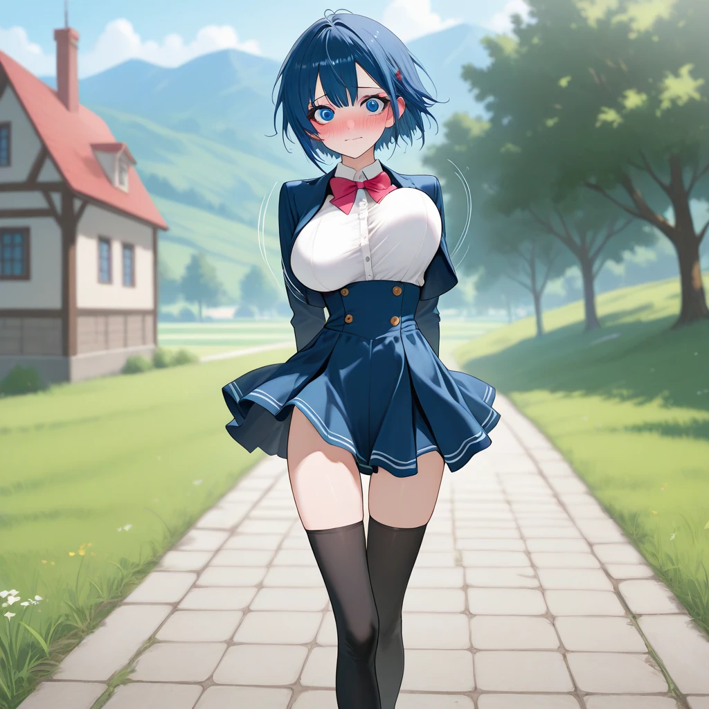 girl with blue hair, green locks, red eyes, short hair, student uniform, in a garden, standing, school in the background of the scene, detailed location, easy positive, masterpiece, 4k, good anatomy,