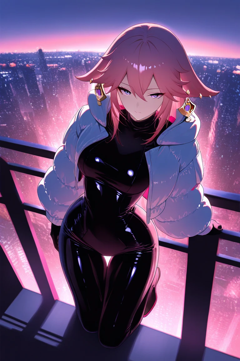 1girl, breasts, large breasts, wide hips, bodysuit, black bodysuit, futuristic, tech, machinery, science-fiction, serious, pink trim, pink hair, neon trim, hypnosis, mind control, pantyhose, very short hair, restrained, ((restrained)), stationary restraints, full body, ((full body))
