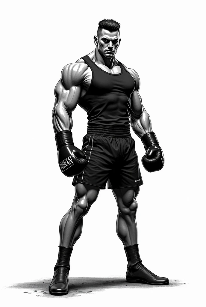 fighting game character, sketch, concept art, human shadow, dark black color, boxing champion, no boxing gloves, no clothes, shirtless, muscular, short hair, facial hair, on plain white canvas, rough, thin lines,