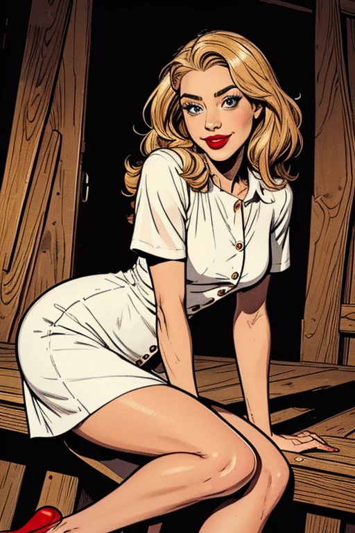 ((Best quality, 8k, Masterpiece :1.3)), very detailed, Beautiful spanish woman, Erotic seductress Carmen Electra, art style by J. Scott Campbell, pretty woman, 1girl, huge breasts :1.3, (firm abs, slender figure :1.1), laying down on bed, inviting the viewer, sexual desire, lustful, (pose invited, skirt :1.1), shy and blushing face, ultra-detailed face, detailed lips, detailed eyes, double eyelid, shiny skin, thin waist, very big breasts, busty, perky tits, perfect booty, full lips, deep cleavage, short pleated skirt, white thong, G-string, white thigh high stockings, student black patent leather shoes, untied tie, masterpiece, 8k, midriff exposed, catholic school uniform, ((cleavage)), sexy schoolgirl, detailed bedroom background, SFW