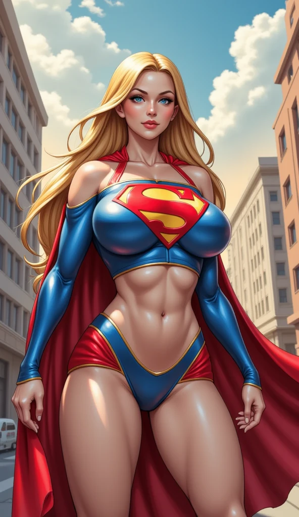 WITH YOUR BACK TO THE CAMERA,((ultra quality)), ((masterpiece)), supes, cute smile, smile, ((long blonde hair)), (Beautiful face), (beautiful female lips), (), charming, ((sexy facial expression)), (white skin color), (white skin), glare on the body, ((detailed beautiful female eyes)), ((dark brown eyes)), (juicy female lips), (dark eyeliner), (crop top, midriff, cape )(((headband))), (((red long skirt))), wide eyebrows, abs, slanted green eyes, makeup eyelids, big cheekbones, thin cheeks, defined jaw, (beautiful female hands), ((ideal female figure)), ideal female body, beautiful waist, gorgeous thighs, beautiful huge breasts, cleavage,((subtle and beautiful)), sexy worth
