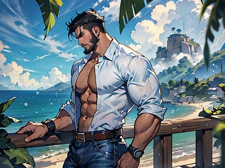 (1 joven, marked muscles, Sin camisa, top-less, Cuerpo de culturista)), barba definida, pelo negro cobalto, derecho, cabello hasta los hombros, masculino, atractivo, maduro guapo (cara detallada, cara perfecta) ((sombras extremadamente realistas, obra maestra del arte, Extremadamente detallado, Fotorrealista), ((36 years)), Sin camisa, top-less, Joven culturista, (((Cuerpo de culturista))) carefree expression, muscular, ((buena anatomia)), pectorales abultados, abdominales , Pecho desnudo, cintura estrecha, Black pants and fabric belt with buckle, coffe eyes, ojos grandes y delicados, ojos muy abiertos ((ojos detallados)) bosque pantanoso oscuro