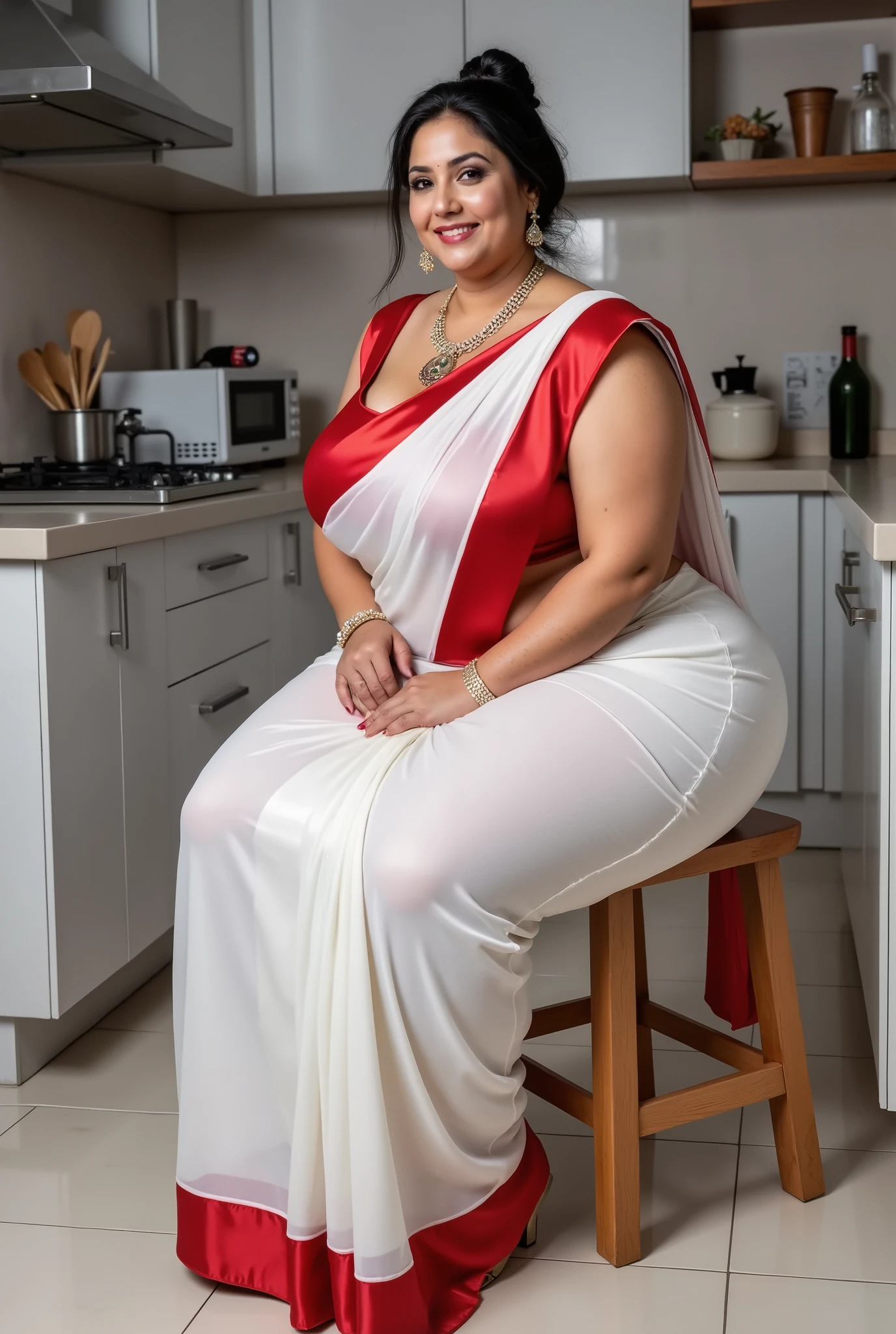 40 year old indian married women looking at the viewer, wearing shiny glossy and reflective finish polyester plus size transparent white silk long sari and red silk blouse , big Fat ass,wide hips,Big thighs, scooped Big breast, Voluptuous Body,fat wide ass ,messy bun, lipstic, smiling face,strap high heels, Jewellery, sitting on a stool in kitchen, ornaments, white skin tone, clean skin, (a quarter side view),big bulging ass, huge booty, curvaceous hourglass figure,thin tiny stomach,two black nigerian six pack boys kissing her from both sides,