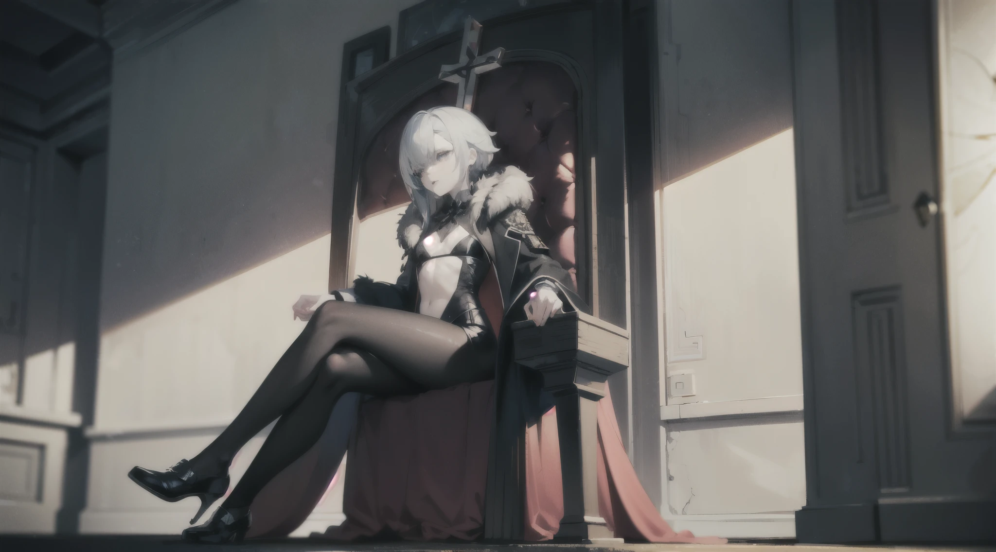 Yorha 2b, white hair, resting majestically on a golden throne, His gaze, firm and determined, travels through the grandeur of the throne room, where the light filtered through the tall windows highlights the elegance of the intricate details on the walls. (High quality), ((Red eyes)), yorha no. 2 type b