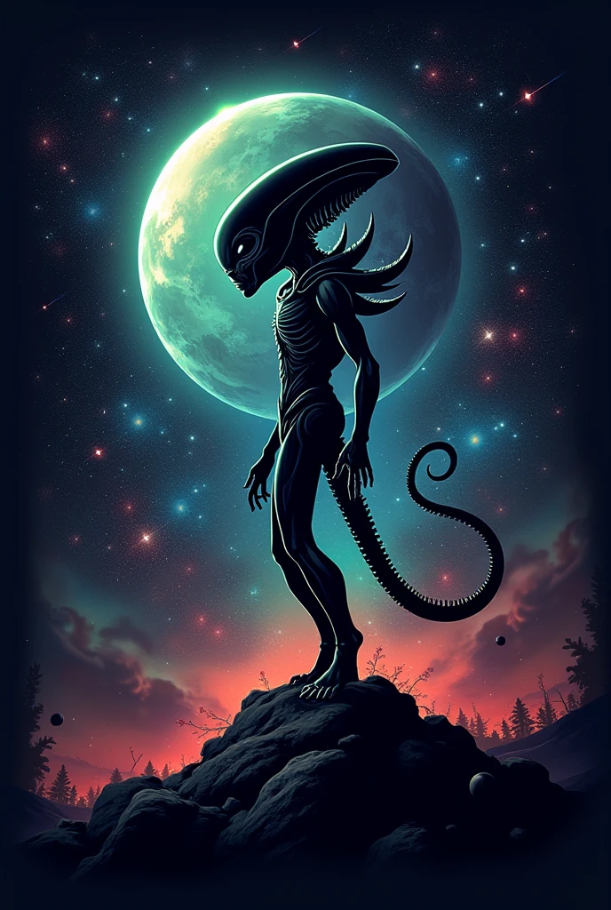 In the inky blackness of space, the silhouette of a solitary alien floating, graphic tshirt vector, contour, white border background