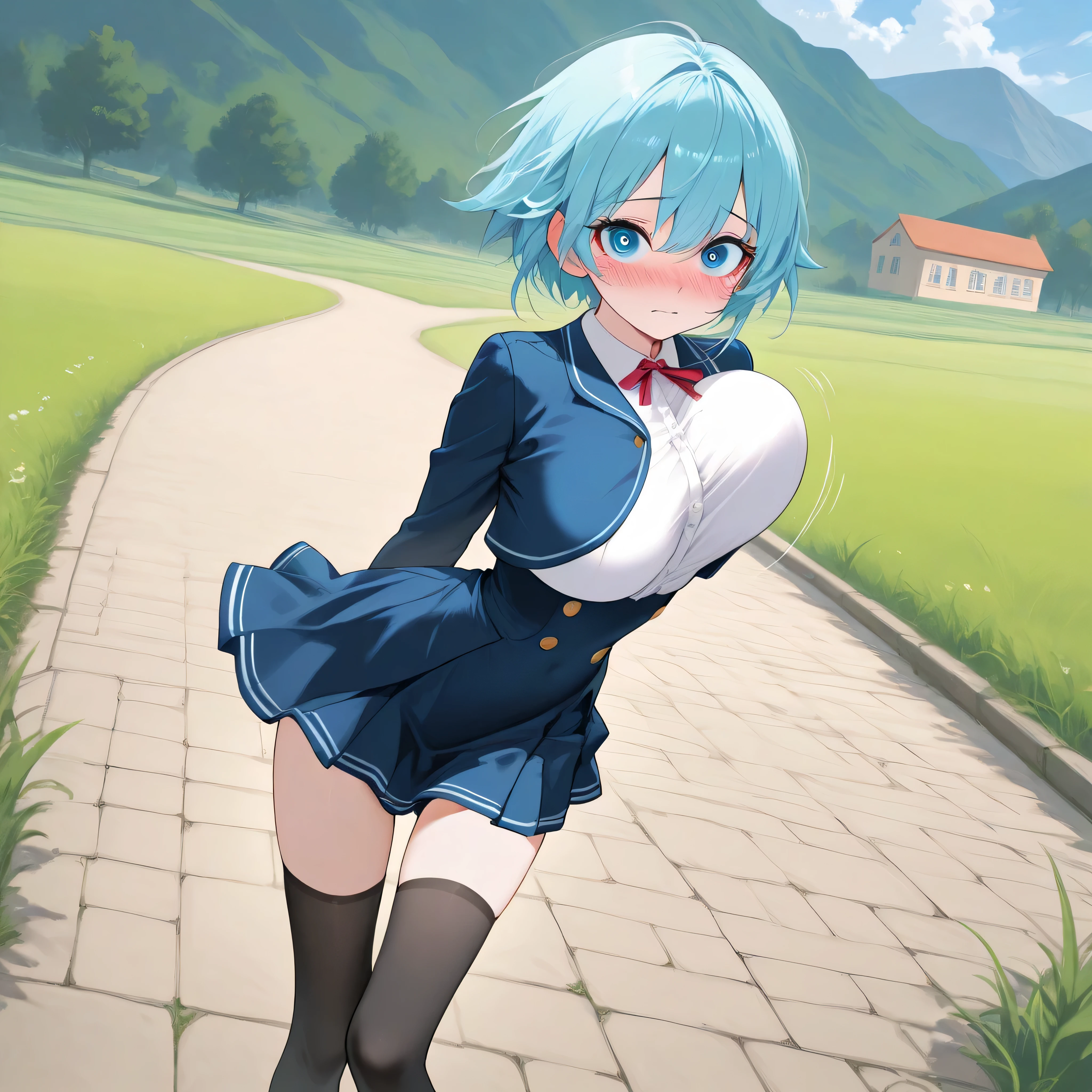 1 skinny girl, solo, light blue hair, (side face), BREAK, red headband, BREAK, (dark purple eye:1.4), bending back, looking at viewer, BREAK, black plunging neckline short dress, dark yellow cropped jacket, black thighhighs, BREAK, (bouncing unaligned long huge breasts:1.5), very short torso, (inconceivably narrow waist), thin long legs, BREAK, (show off crotch:1.4), BREAK, strong wind, (slipping hip), cleavage