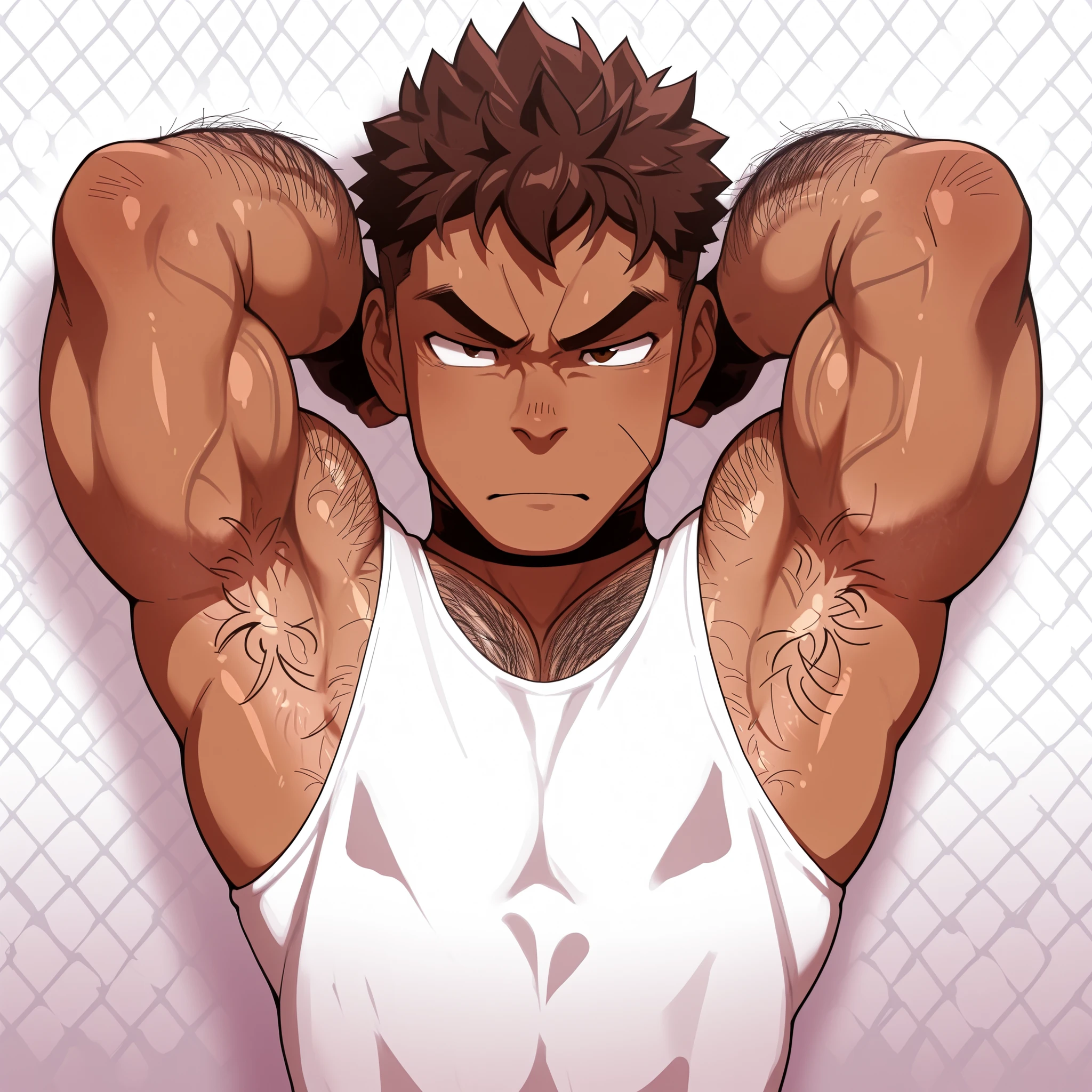 1 tall, muscular, dark-skinned malem, hairy body, Highest quality、masterpiece、Super Detail、armpits hair, arms hair