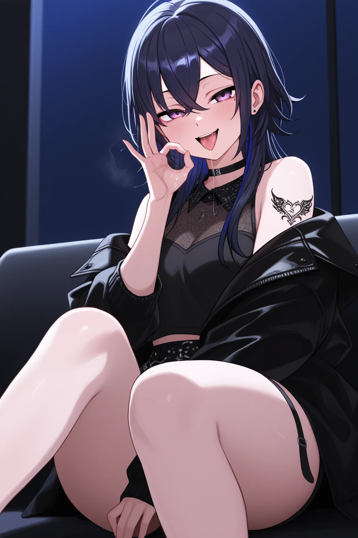 1girl, city,BREAK zozo-nosiro,oni horns,black hair,black eyes, long hair, ponytail, black bikini,black jacket, boots, bracelet,black enamel pants,pendant, BREAK smile,sitting, BREAK, (dark light:1.2),(hyper extreme detailed),(masterpeace:0.5),(hyper extreme),(photorealistic),game cg,llustration,novel illustration,beautiful lighting,light from the front,