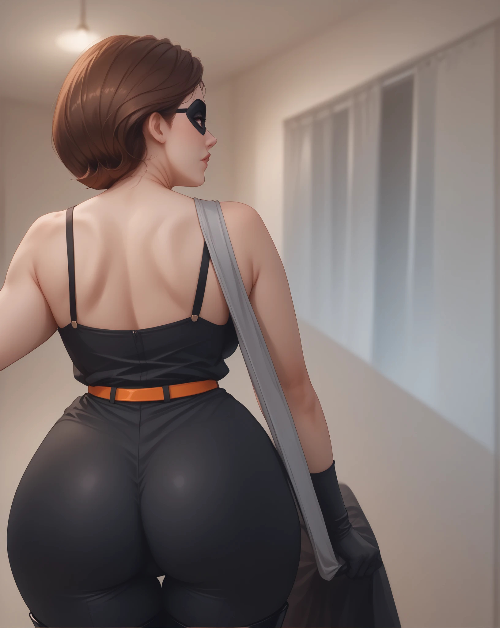 white woman with glassss and very short black hair and a giant ass