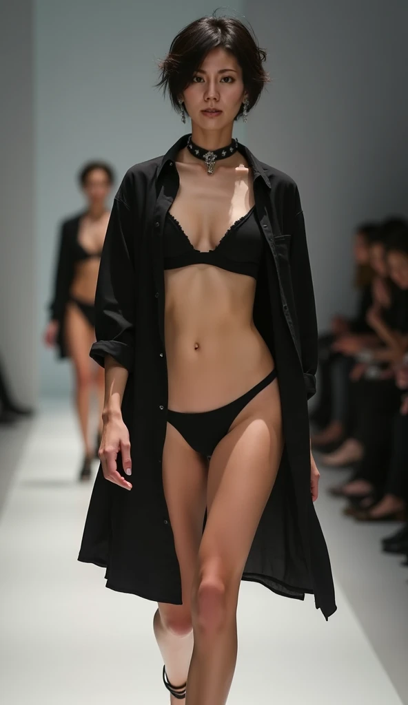 Top Quality, Masterpiece, 8K, Ultra High Definition, (Photorealistic: 1.4), 1 Girl, Beautiful Face, Symmetrical Eyes, Big, Perfect Body Proportions, Viewer's Look, (catwalk fashion:1.5), Front View, Absolute Area (1.3), ((string bikini)), (full body view),