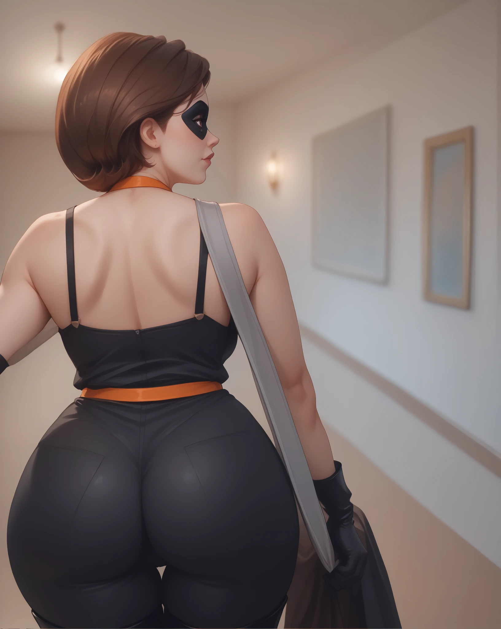 1girl, high detailed, backside, photo from behind, thicc, wide hips, tight shorts, detailed face, beautiful expression, alluring gaze, captivating pose, elegant silhouette, dynamic composition, cinematic lighting, warm color palette, photorealistic, 8K, hyper detailed, professional photography, natural skin tones, studio lighting, (((1girl, helenp, helen parr, elastigirl, brown hair, brown eyes, domino mask, mask, red bodysuit, black highleg shorts, orange belt, black elbow gloves, black thigh boots, wide hips, medium breasts)))