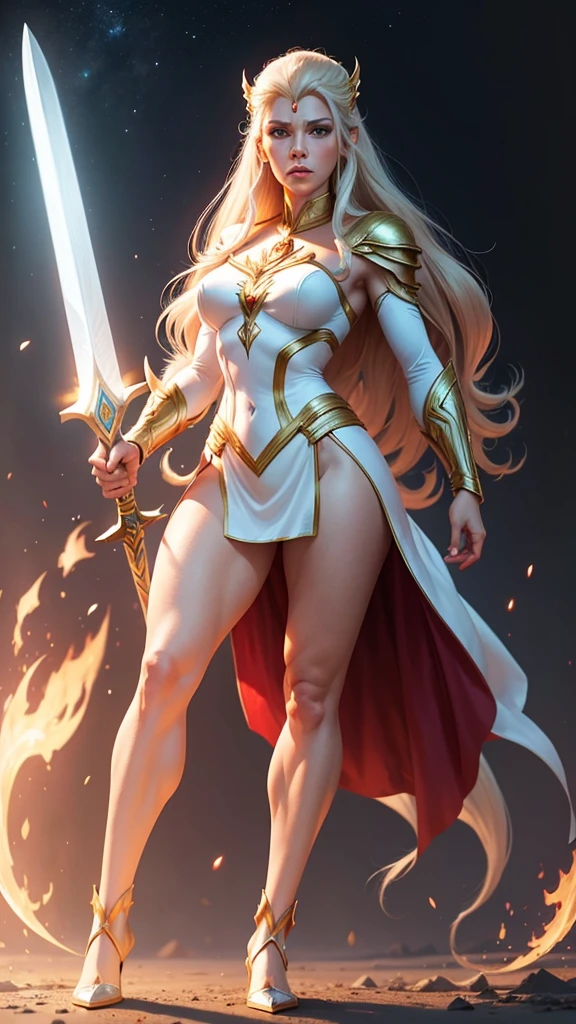 Elizabeth Banks como a personagem de desenho animado SHE RA,Armadura Dourada,espada,Terra de Eternia,